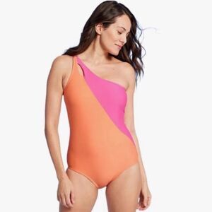 Lands’ End NWT One Shoulder One Piece Orange & Pink Colorblock Swimsuit Size 2